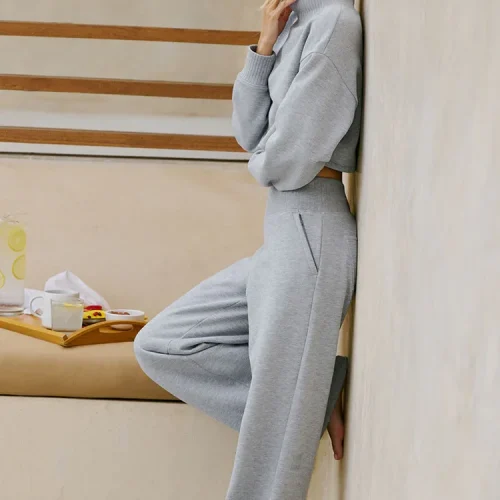 Women High Waist Knit Patchwork Fleece Lined Wide Leg Stacking Pants Elegant Slim Fit Winter Trousers Old Money Style Warm