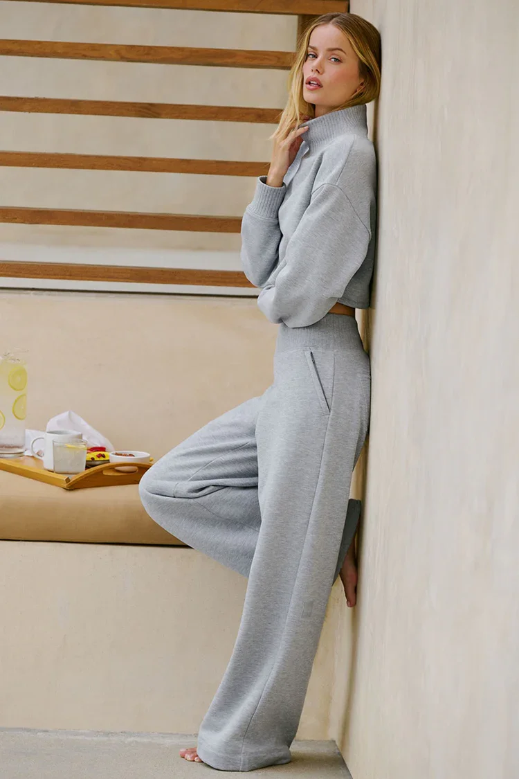 Women High Waist Knit Patchwork Fleece Lined Wide Leg Stacking Pants Elegant Slim Fit Winter Trousers Old Money Style Warm