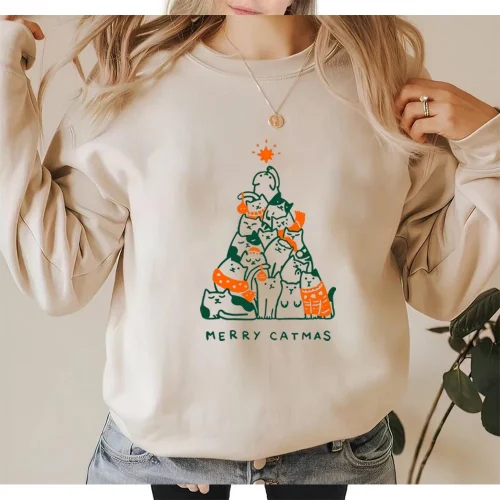 2025 Merry Catmas Sweatshirt Funny Christmas Sweatshirt Holiday Crewneck Pullovers Meowy Christmas Shirt Cute Cat Graphic Hoodie