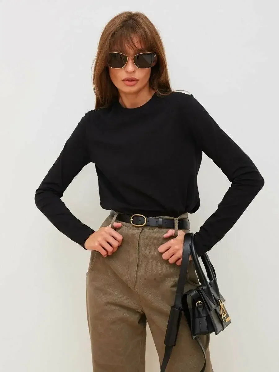 Wolfeel Women's Spring Autumn 100% Cotton T-shirt Bottoming Basic Solid Lady Long Sleeve Loose Tops Shirts Oversized T Shirt - Image 3