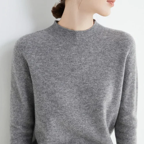 Fashion Basic Spring Autumn Merino Wool Sweater Mock-Neck Cashmere Pullover Solid Color Soft Long Sleeve Basic Clothing Tops