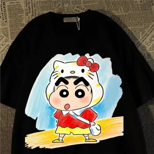 MINISO Cute Japanese StyleCrayon Shin Chan Cartoon Character Summer T-shirt Harajuku Fashion Cotton Leisure Men's T-shirt Top