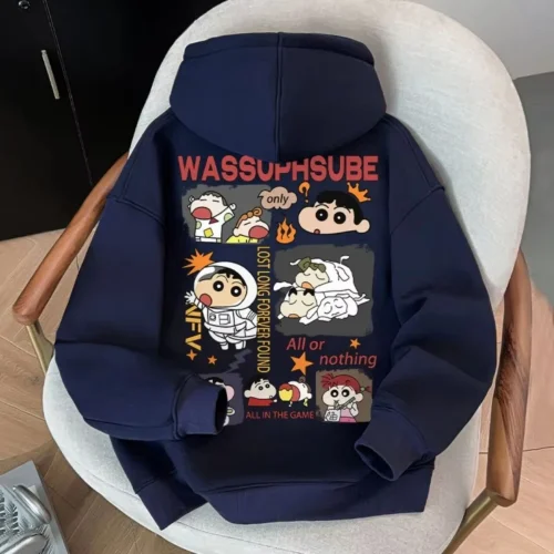 MINISO Crayon Shin-chan Cartoon Print Youth Hooded Sweater Autumn and Winter Loose Long Sleeve Top Man's Woman Oversized Clothes