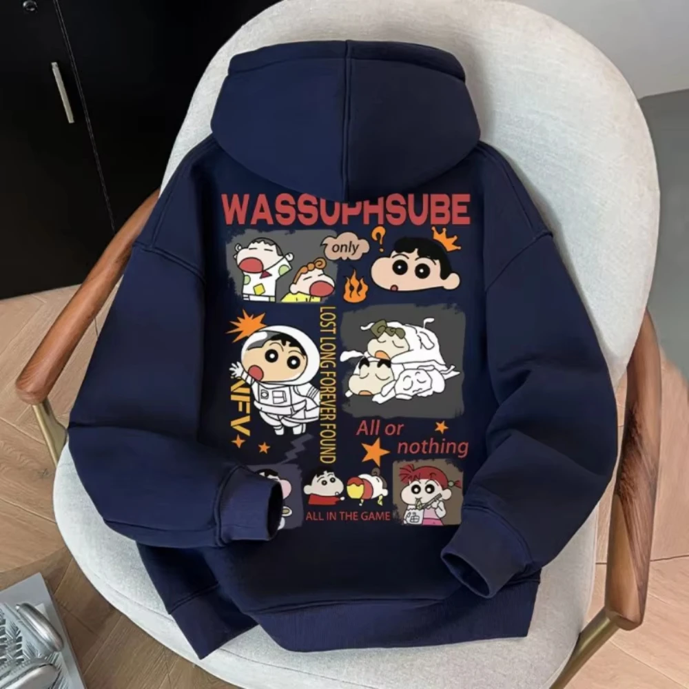 MINISO Crayon Shin-chan Cartoon Print Youth Hooded Sweater Autumn and Winter Loose Long Sleeve Top Man's Woman Oversized Clothes