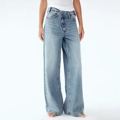 Korean Version Wide Leg Pants With Diagonal Buckle Asymmetrical Street Retro Women'S High Waisted Jeans Loose Casual Pants