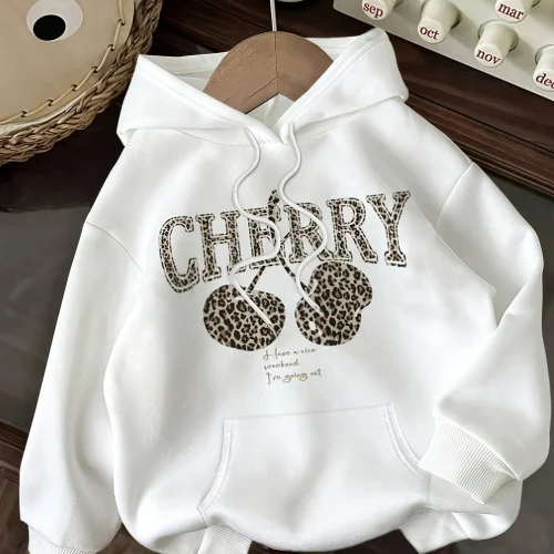 Leopard Print Cherry Letter Printed Women's Autumn Winter Round Neck Sweatshirt Casual Long Sleeved Top Hoodies Women's Clothing