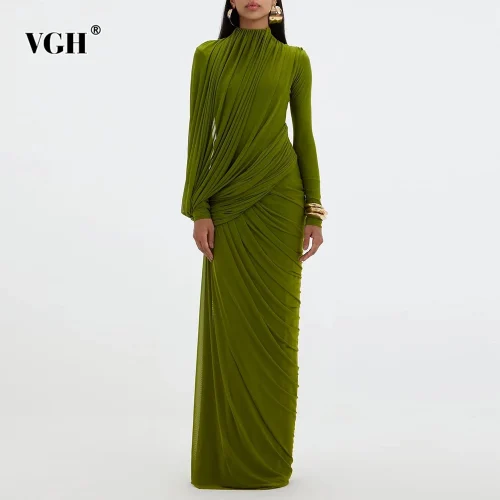 VGH Elegant Vintage Spliced Ribbon Dresses for Women Turtleneck Long Sleeve Irregular Folds Evening Luxurious Maxi Dress Female