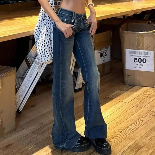 Low Rise Vintage Washed Jeans Women Y2K Street Style Straight Slight Flare Denim Pants Woman American Full Length Blue Jeans