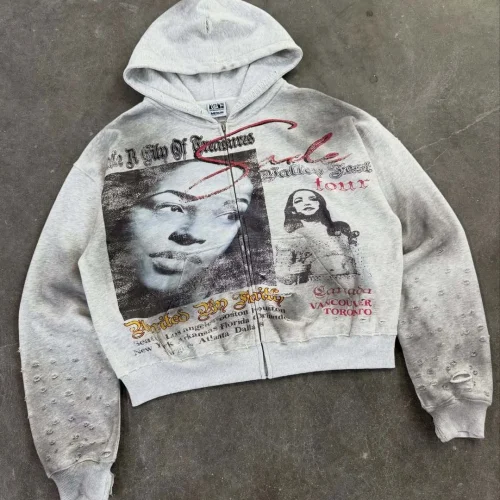 Y2K American style men's and women's zipper style hooded gray sweatshirt jacket, thick and sturdy, warm sweatshirt