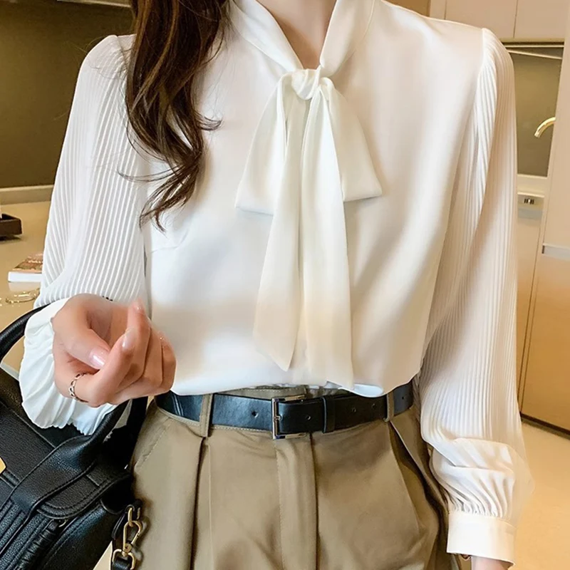 Elegant Bow Lace Up White Blouses for Women Chic Pleated Long Sleeve Shirt Woman Spring Summer Casual Office Wear Chiffon Blouse - Image 6