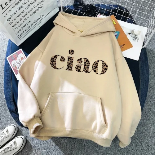 2026 Letter Ciao Leopard Heartbeat Print Long Sleeve Hoodies Clothing Women's Harajuku Graphic Pocket Sweatshirts Winter Hooded