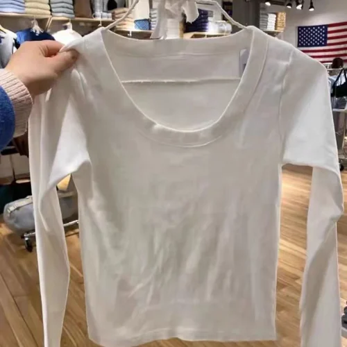 Women Solid Long Sleeve T-Shirt O Neck Basic Casual Slim Tee Shirt 2023 Spring Fashion Cotton Y2k White Simple Cute Tops Chic