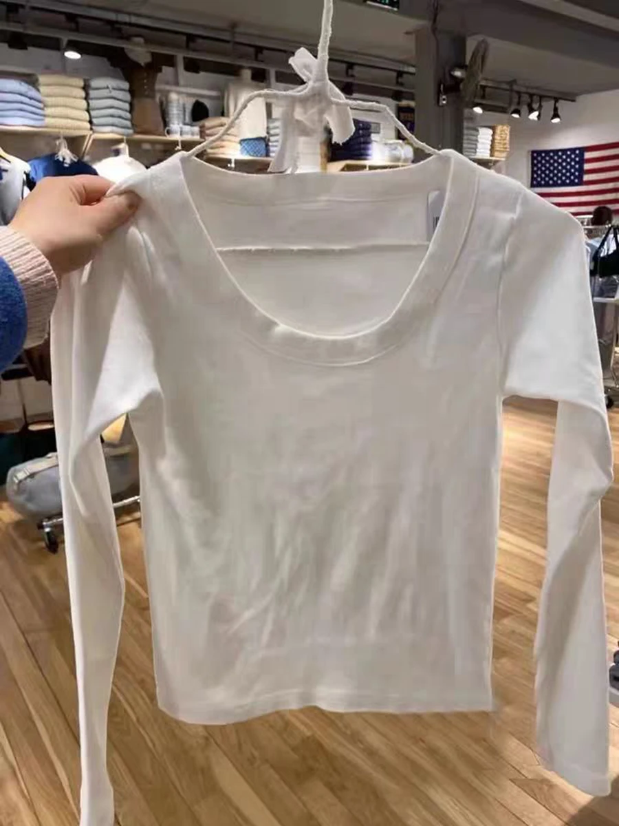 Women Solid Long Sleeve T-Shirt O Neck Basic Casual Slim Tee Shirt 2023 Spring Fashion Cotton Y2k White Simple Cute Tops Chic