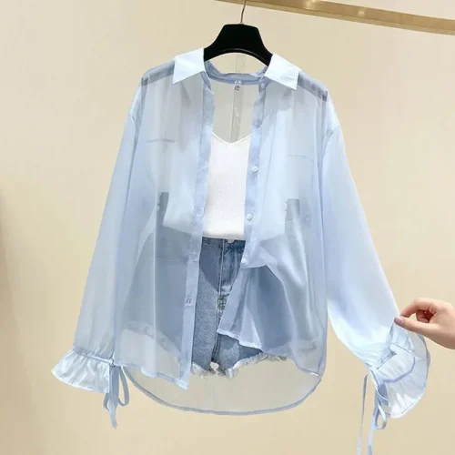 Smvp Chiffon Blouses for Women Summer Thin Loose Button-Up Sunscreen Shirt Woman Korean Fashion Bow Lace-up Long Sleeve Shirts