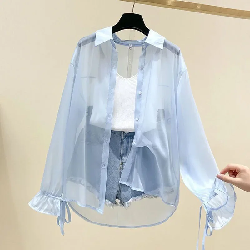 Smvp Chiffon Blouses for Women Summer Thin Loose Button-Up Sunscreen Shirt Woman Korean Fashion Bow Lace-up Long Sleeve Shirts