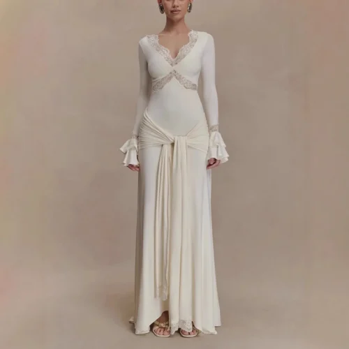 2025 Autumn Long Sleeve Sexy Maxi Dress For Women Fashion Lace Patchwork V Neck Backless Draped Ruched Club Party Long Dress