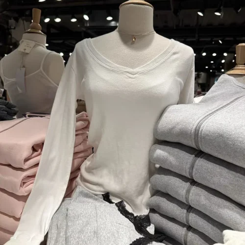 Solid Simple Basic Long Sleeve T-shirt for Woman V-neck Soft Cotton Slim Tshirt Autumn Casual Sweet Preppy Style Tee Tops Y2k