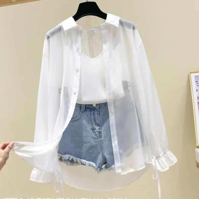 Smvp Chiffon Blouses for Women Summer Thin Loose Button-Up Sunscreen Shirt Woman Korean Fashion Bow Lace-up Long Sleeve Shirts - Image 3