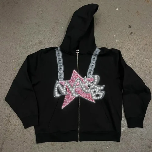 Y2K Black Zip Up Hoodie Pink Rhinestone Star Print Silver Graphic Oversized Streetwear Hooded Sweatshirt Hip Hop Casual Jacket