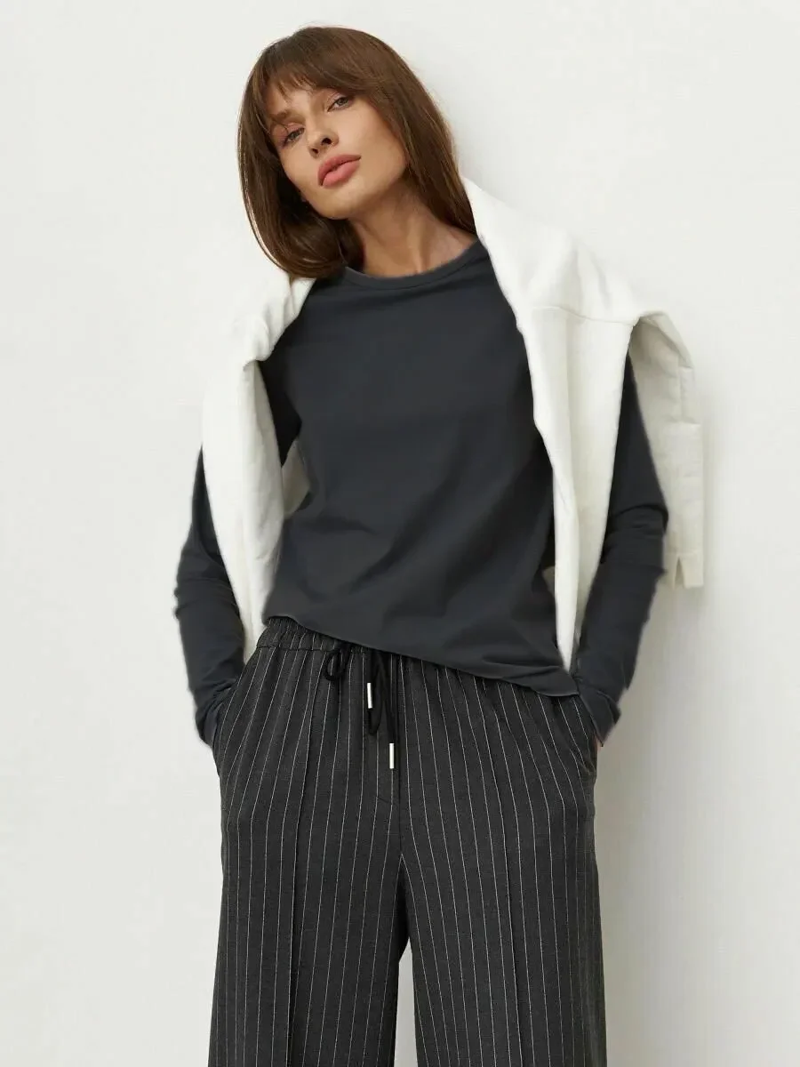 Wolfeel Women's Spring Autumn 100% Cotton T-shirt Bottoming Basic Solid Lady Long Sleeve Loose Tops Shirts Oversized T Shirt - Image 5