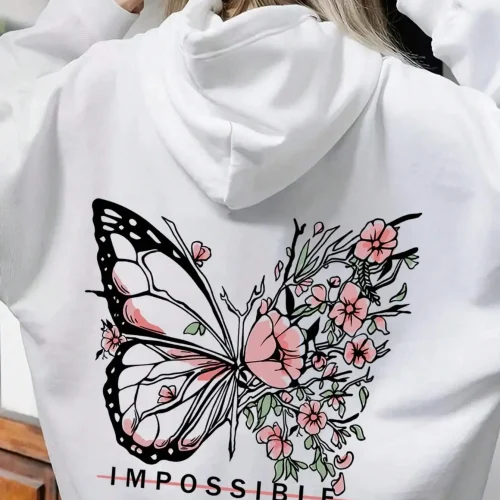 Rose Butterfly Impossible Letter Graphic Print Women Sweatshirt Fashion Warm Hooded Loose Casual Hoodies Fleece Soft Clothing
