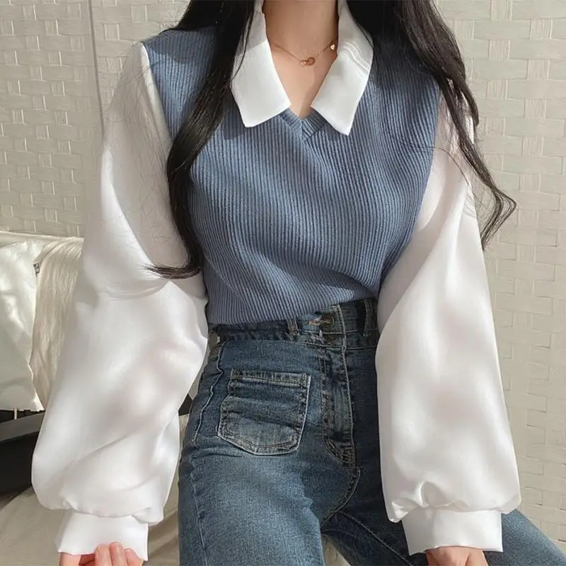 False Two-piece Polo Collar Women's Blouse Spring Casual Korean Shirt Y2k Tops Streetwear Loose Female Pullovers Elegant Blouses - Image 2