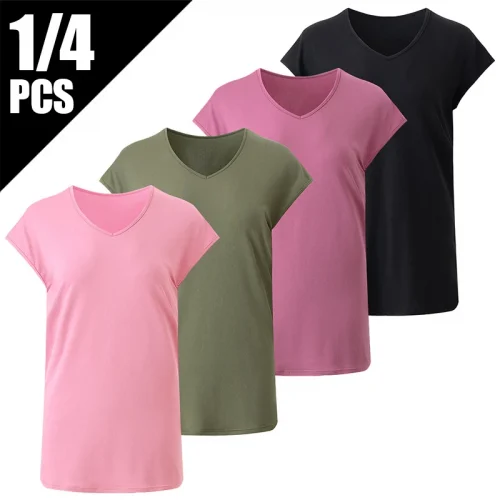 4/1 Piece Summer Women's Solid Color Basic Versatile Casual Sports Short Sleeved T-shirt Soft And Comfortable Small V-neck Top