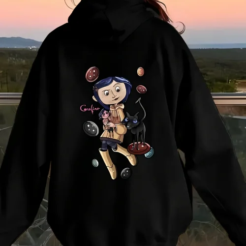 Coraline Themed Cartoon Character Print Hoodie for Women Casual Fashion Casual HipHop Sweatshirt Harajuku Unisex