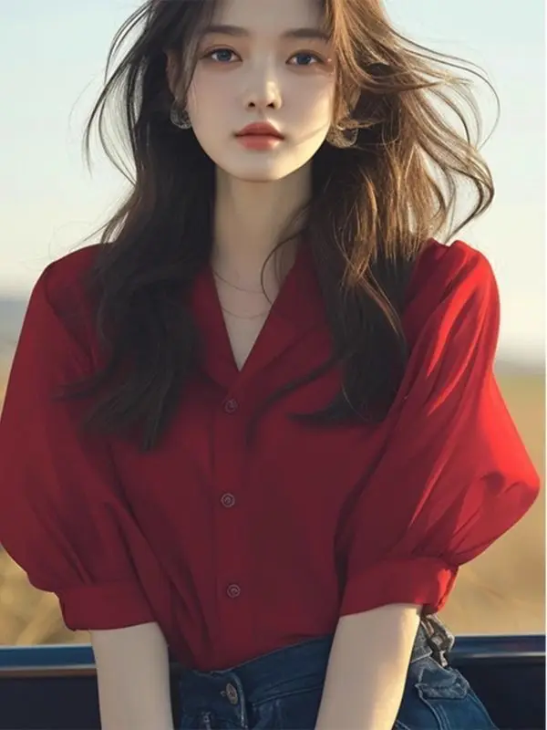 New Summer French Style Elegant High-End Red Lantern Sleeve Blouse - Image 2