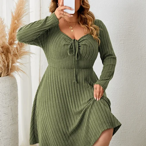 GIBSIE Plus Size Sweettheart Neck Knot Front A-Line Dress Women Fall New Vintage Long Sleeve Ribbed Knit Casual Winter Dresses