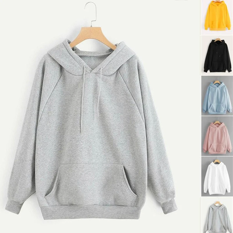 Women's Casual Solid Color Hooded Pocket Long Sleeve Pullover Sweatshirt Clothes Hoodies Sweatshirt