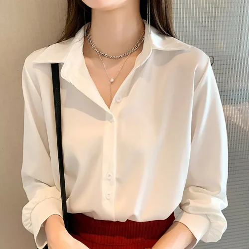 Elegant White Chiffon Blouse for Women 2026 Spring Summer Loose Button Up Shirt Woman Simple Office Three Quarter Sleeve Blouses