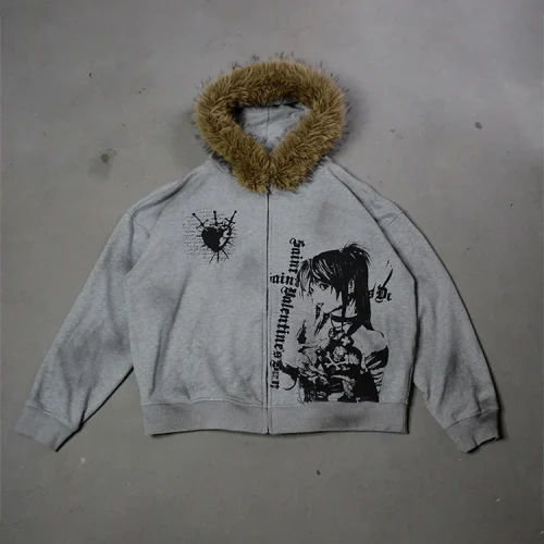 Winter Fashion Streetwear Women's Gothic Printed Faux Fur Hooded Jacket Trendy Edgy Zip - Up Sweatshirt 2026 New Arrival