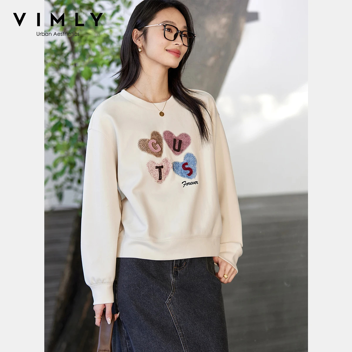 VIMLY Women's Graphic Sweatshirt 2025 Spring Autumn Letter Embroidered Loose Crew Neck Long Sleeve Top Woman Clothing A0399 - Image 4
