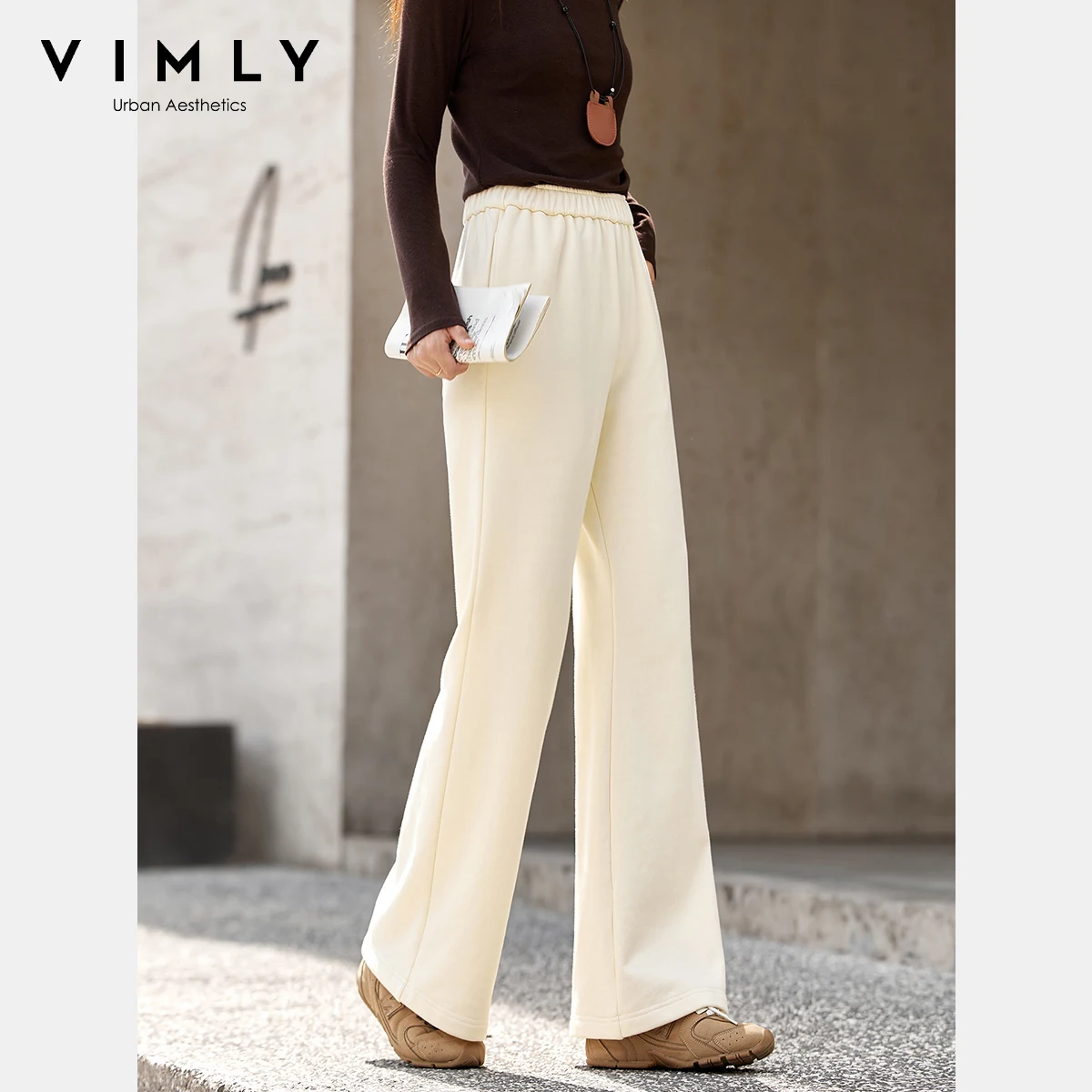 VIMLY Flared Women Apricot Pants Autumn 2025 New Elegant Strecth Knitted Casual Long Pants Fashion Pockets Woman Trousers A2855 - Image 2