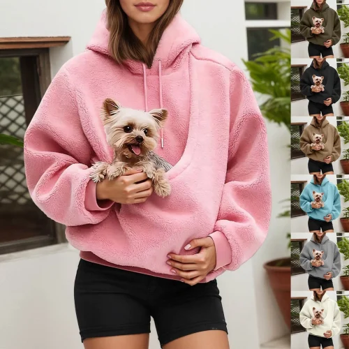 Fleece Hoodies Autumn Winter Casual Women's Hooded Sweatshirt Pet Bag Solid Color Pet Cat & Dog Pocket Holder Sports Sweatshirts