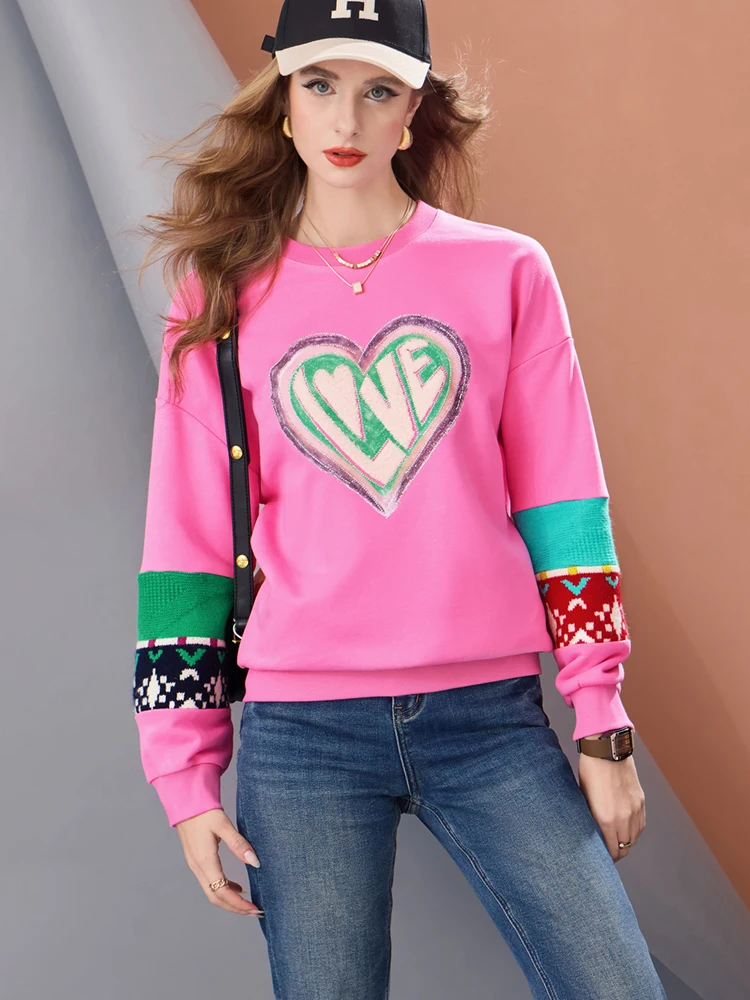 Women’s Pink Knit Patchwork Sweatshirt LOVE Graphic Pullover Casual Straight Fit Color Block Winter Warm Knitted Sleeve Top - Image 2
