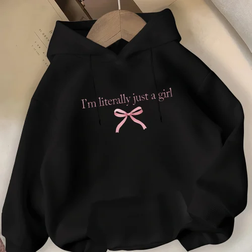 I'm Literally Just A Grill and Pink Bow Print Pattern for Autumn and Winter Women's Hooded Sweatshirt Round Neck Casual Clothing