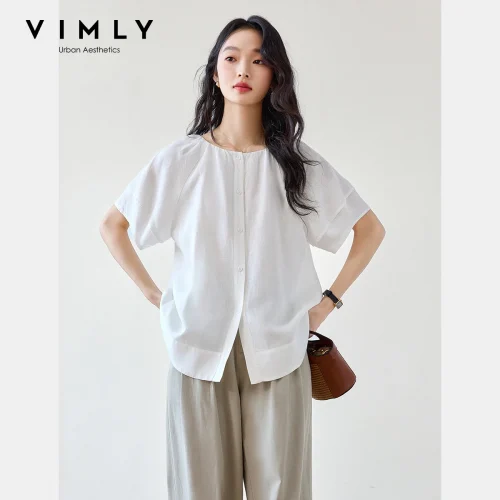 VIMLY Linen Lyocell Shirt Women Short Sleeve Summer Tops for Woman Loose Double-sided Wear Button Up Shirts & Blouses 2025 M9591