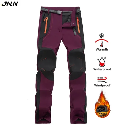 JNLN Women Winter Fleece Pants Warm Waterproof Hiking Pants Outdoor Camping Climbing Skiing Soft Shell Windproof Rain Trousers