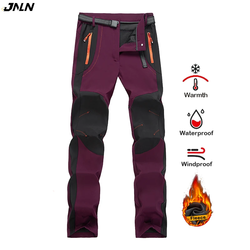 JNLN Women Winter Fleece Pants Warm Waterproof Hiking Pants Outdoor Camping Climbing Skiing Soft Shell Windproof Rain Trousers
