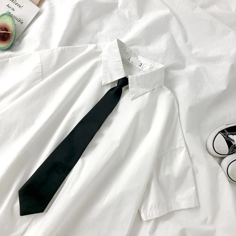 White Shirts Women Fashion Black Tie Japan Style Preppy Students JK Girls Blouse Simple Solid Loose Summer Button Up Tops New - Image 6