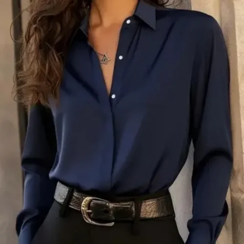 Women's Long Sleeve Button Down Blouse - Elegant Office Chic Top with Classic Collar & Versatile Style