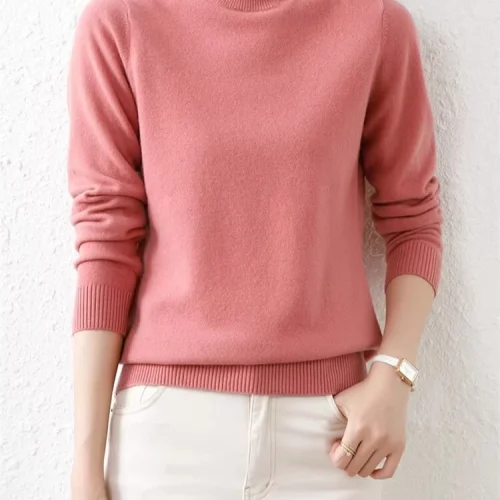 Korean Sweaters Autumn Winter Women Sweater Vintage Basic Solid Knitted Tops Casual Slim Mock Neck Pullover Simple Chic Jumpers