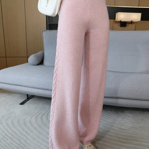 Autumn Winter Thick Cashmere Women Wide Leg Pants Casual Loose Twist Flower Trousers 100% Merino Wool Knitwear Popular Pants