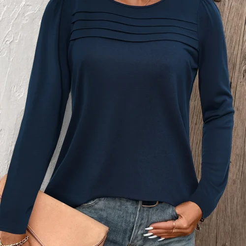 Elegant Directed Toothpick Pleat Pure Color round Neck T-Shirt Sophisticated Design Basic Crew Neck Tee for Casual Wear