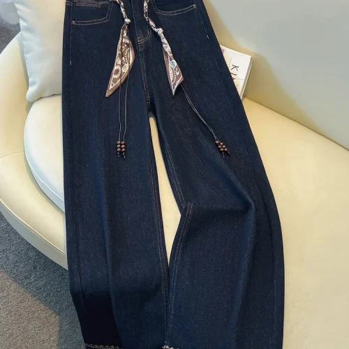 2025 Autumn New Denim Blue Wide Leg Women's Jeans Super Popular Pants with Silk Scarf Belt Fashion Straight Trousers