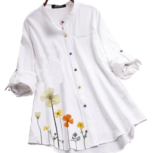 Women's Button Down Round Neck Shirt Classic Long Sleeved Fashion Shirt Floral Pattern Office Work Shirt Blouse