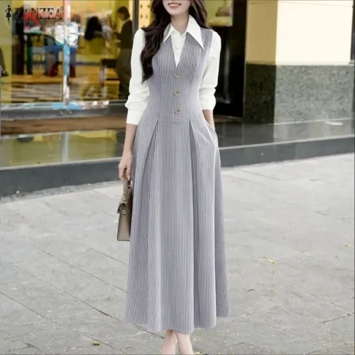 Women Spring Patchwork Dress 2026 ZANZEA Elegant Lapel Neck Long Sleeve Office Dresses Robe Femme Autumn Waisted Party Sundress