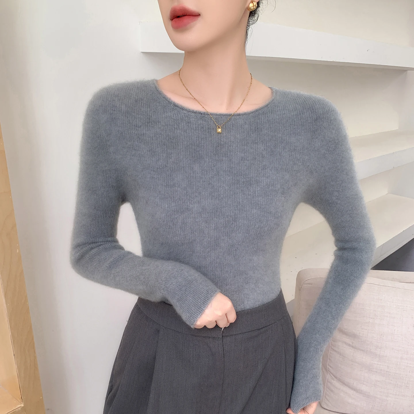 Autumn Winter O-neck 100% Pure Cashmere Pullover Sweater Women Soild Slim Fit Inner Knit Basic Long Sleeve Tops Soft Comfort - Image 4
